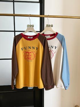 韩系减龄拼色卡通插肩磨毛长袖T恤