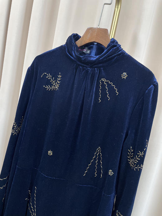 「断码清仓」宝蓝高领刺绣金丝绒气质裙  2XL码 ZFYY202 商品图1