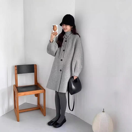 EGG韩国同款！2025冬季小香风圆领蝴蝶结毛呢大衣女双面羊绒外套！ 商品图3