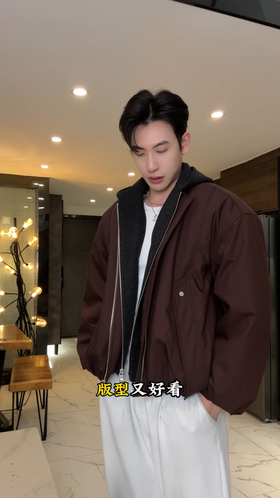 25Y325SDSA男士秋冬新款痞帅男装美式复古撞色假两件连帽棉服外套百搭