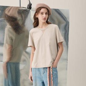 谜底珠片花朵T恤短袖2026年春季新品网纱拼接H型精致女261MT0239