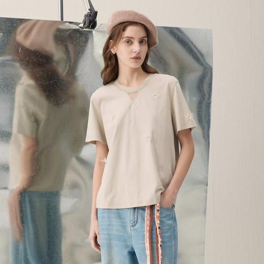 谜底珠片花朵T恤短袖2026年春季新品网纱拼接H型精致女261MT0239 商品图0