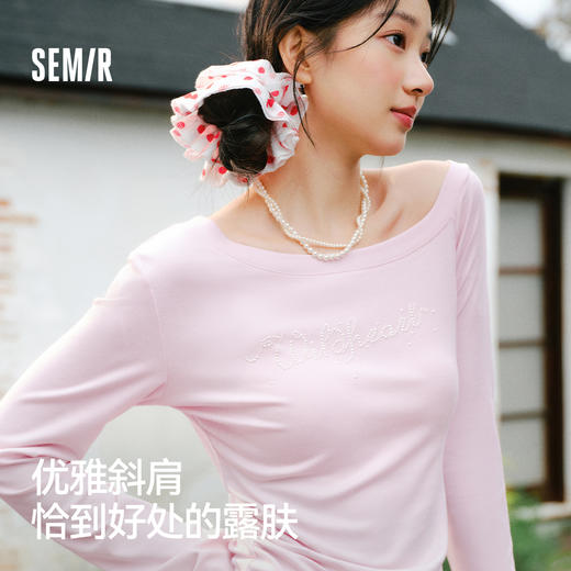 森马长袖T恤女春短款斜肩露肩字母紧身2026新款小性感设计感上衣 商品图1