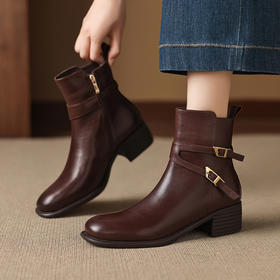 【预售5天】新款圆头皮带扣中跟马丁靴新款厚底软黑色英伦风粗跟骑士靴A37-108A