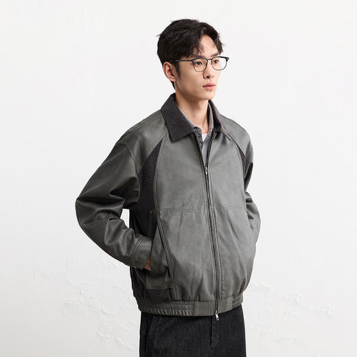 GXG男装25秋季时尚撞色领口简约百搭日常通勤男式翻领PU夹克K&C 商品图3