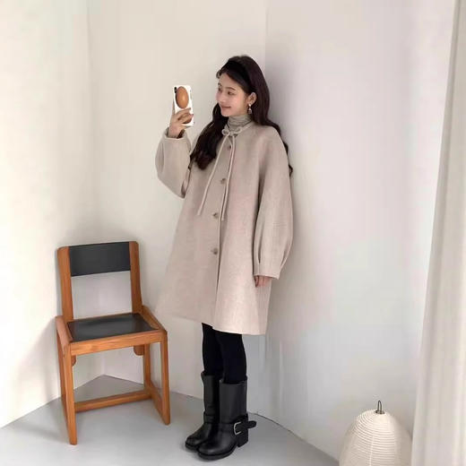 EGG韩国同款！2025冬季小香风圆领蝴蝶结毛呢大衣女双面羊绒外套！ 商品图1