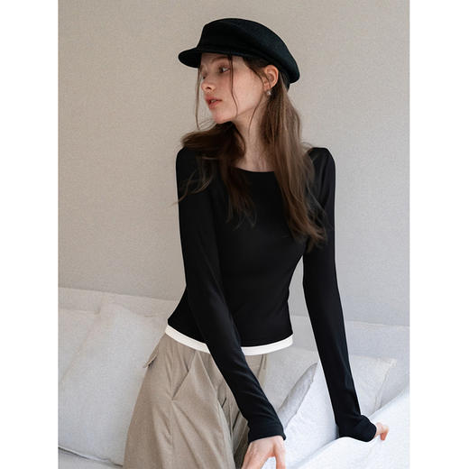 OLrain欧芮儿黑色长袖T恤女百搭显瘦舒适透气 商品图0