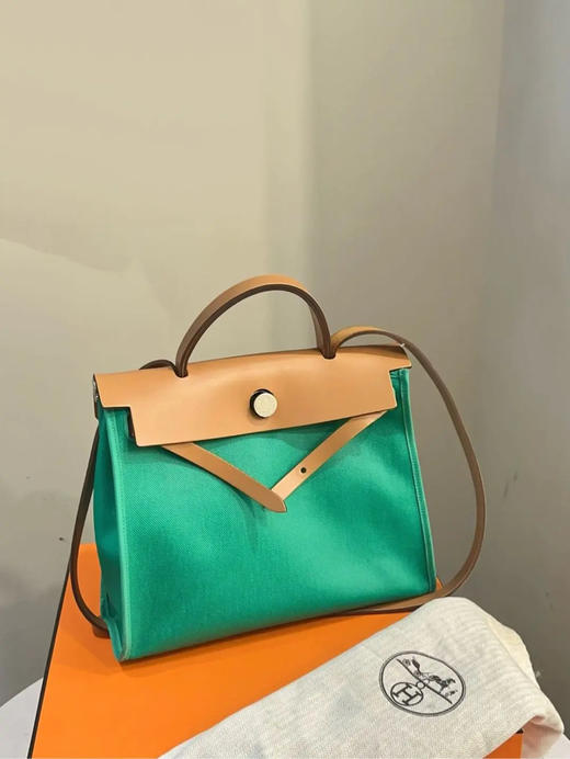 爱马仕 Herbag 31 帆布拼皮 薄荷绿拼米色 斜挎包 商品图0