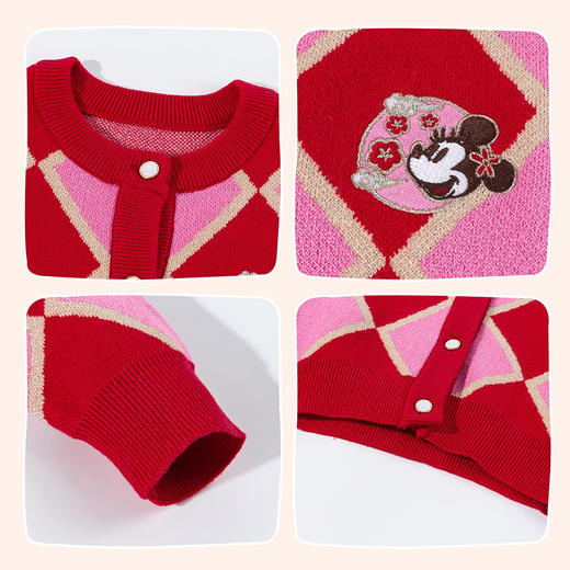 迪士尼2025秋冬新款女童针织开衫国风米妮刺绣线衫喜庆格纹拜年XD1ES009 商品图6