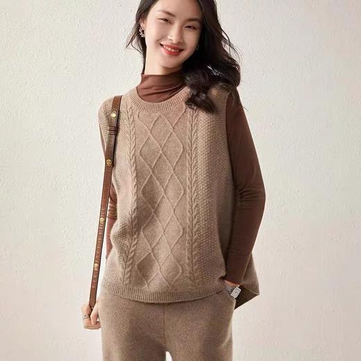丁摩 纯羊毛针织马甲秋冬新款女士时尚圆领无袖坎肩短款麻花上衣5ZF-12153 商品图1