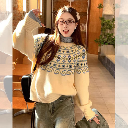 西遇绵羊毛费尔岛毛衫女2025冬季新款慵懒风宽松软糯红色毛衣SS060020 商品图1