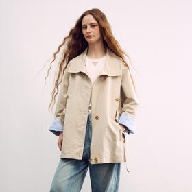 谜底廓形风衣长袖2026春季新品插肩袖撞色拼接长外套女261ME0032