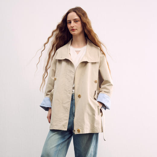 谜底廓形风衣长袖2026春季新品插肩袖撞色拼接长外套女261ME0032 商品图0