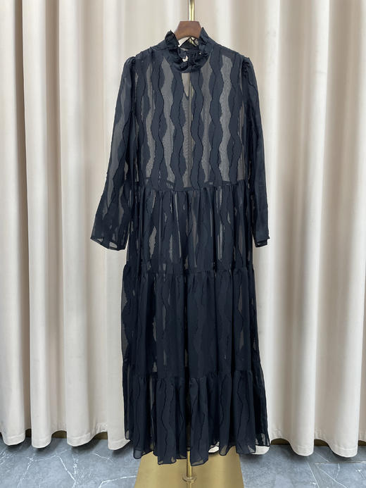 「断码清仓」波浪纹蕾丝立领长袖真丝大摆长裙 L码 ZFYY184 商品图0