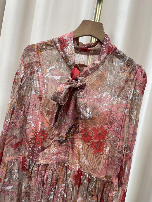 「断码清仓」复古印花飘带领长袖真丝大摆裙（带吊带） L码 ZFYY182 商品图1