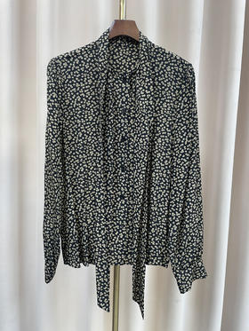 「断码清仓」碎花飘带领长袖系带设计感真丝上衣 L码 ZFYY189