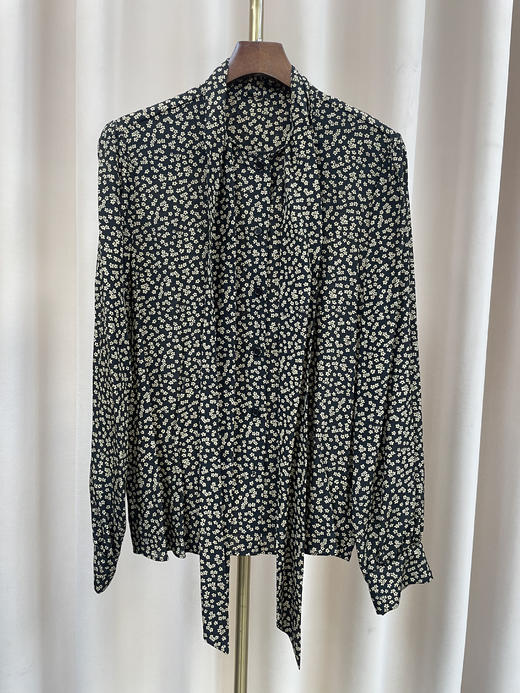 「断码清仓」碎花飘带领长袖系带设计感真丝上衣 L码 ZFYY189 商品图0