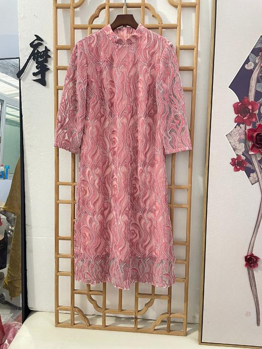 「断码清仓」粉色提花立领七分袖国风蕾丝镂空裙 M码 ZFYY214 商品图0