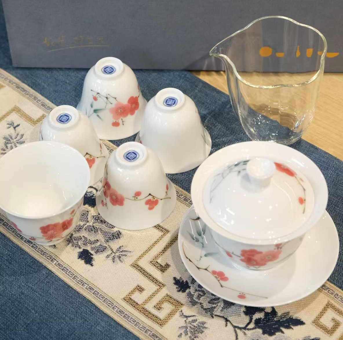 【景德镇茶具】高岭土玉泥 翠竹红梅盖碗茶具  七件套套装  送礼自用都适合