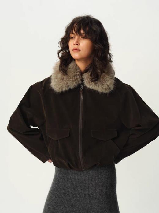 Evistub girls/E-5QWT1236/复古深棕麂皮可拆卸毛领花苞夹克外套 商品图0