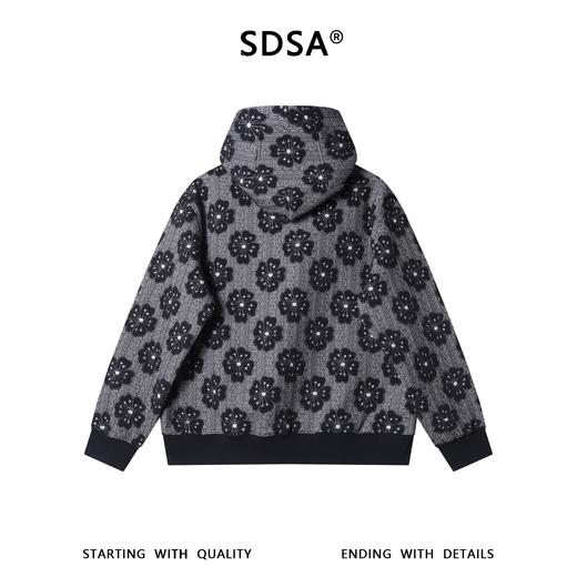 SDSA男士秋冬新款痞帅男装潮牌时尚满印花朵斜拉链连帽卫衣百搭 商品图4