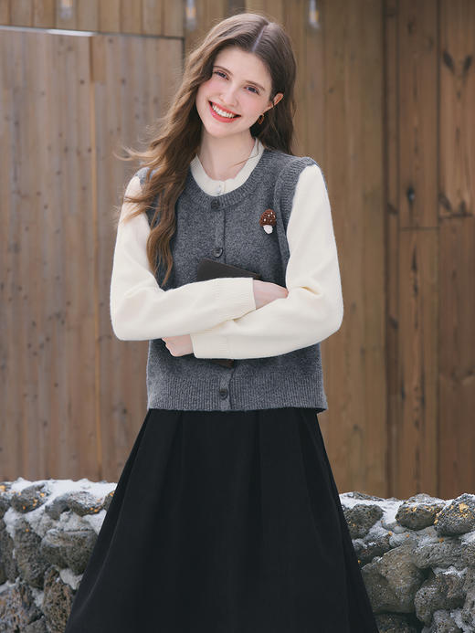 【百图lulu定制】【蘑菇毛衣】 高级感拼色假两件毛衣女套头针织衫 商品图1