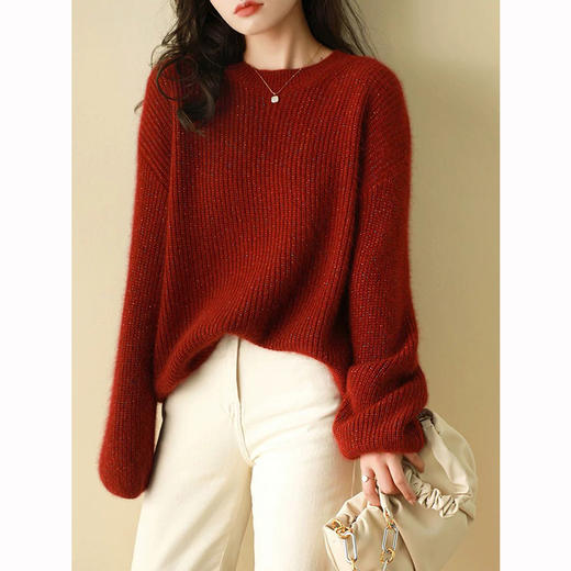 【秋冬新款100纯羊毛衣】新年红色圆领女士打底衫 宽松慵懒风亮丝毛衣潮  商品图1