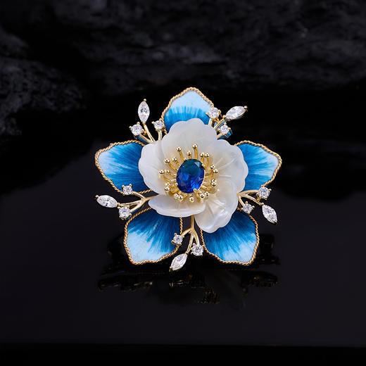 LY 484国风复古蓝绒花贝壳山茶花胸针高级感优雅气质胸花 商品图0