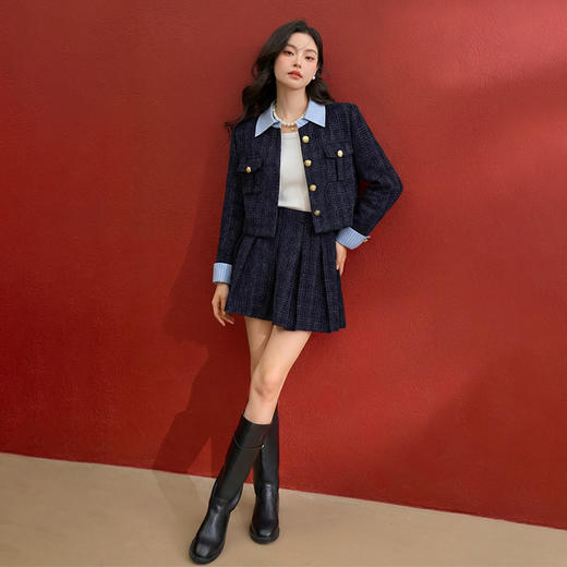 西遇小香风套装裙女秋季新款条纹拼接撞色短款外套两件套V0055466/SS051605 商品图1