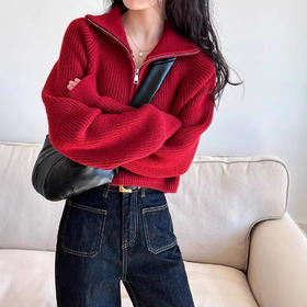 【短款慵懒风小个子毛衣】半拉链高领毛衣女 秋冬针织衫外穿软糯宽松上衣潮 