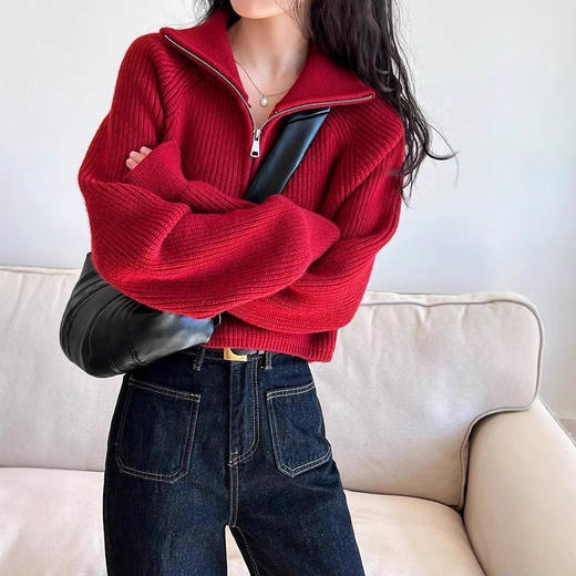 【短款慵懒风小个子毛衣】半拉链高领毛衣女 秋冬针织衫外穿软糯宽松上衣潮  商品图0