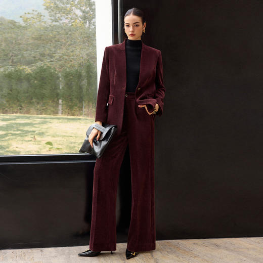 IWY/玫瑰砂岩豆沙红秋冬款灯芯绒无领西装西裤OL通勤套装CP2586 商品图3