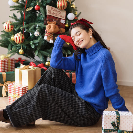 绽放801朵/加厚羊毛混纺格纹全腰松紧显瘦长裤百搭休闲裤女毛呢裤 商品图3