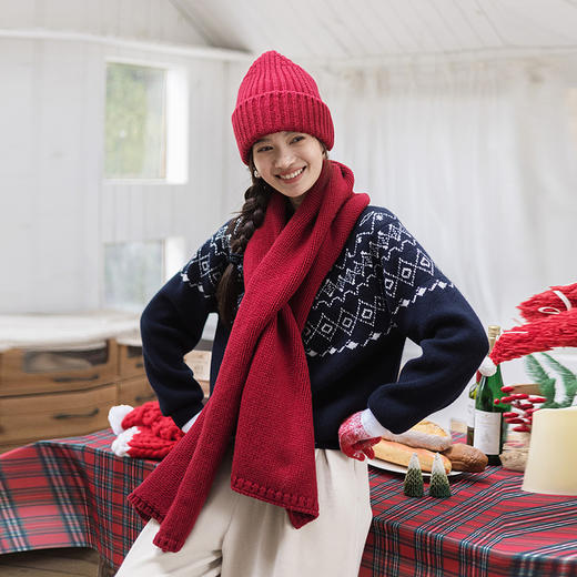 绽放/KSX019朵"红得刚刚好"冬日粗针翻边毛线帽红色围巾纯羊毛 商品图0