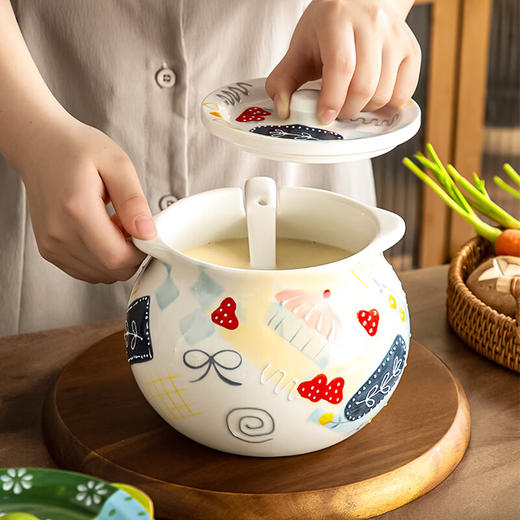 【浮雕手绘猪油罐】陶瓷耐高温双耳防烫食品级厨房调料罐辣椒油大容量带勺家用 商品图9