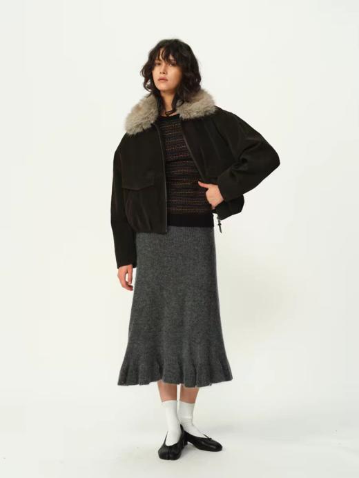 Evistub girls/E-5QWT1236/复古深棕麂皮可拆卸毛领花苞夹克外套 商品图1