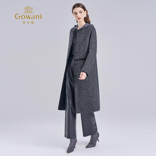 乔万尼2025冬新品挺括设计感羊毛羊驼毛混纺人字纹保暖长款毛呢外套ED4A732 商品图3