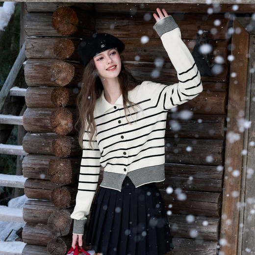 三彩2025冬季新款休闲简约撞色条纹针织衫长袖翻领套头毛衫上衣M 商品图3