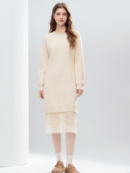 【百图lulu定制】【蕾丝连衣裙】 设计感蕾丝拼接毛衣连衣裙女2025年冬季新款显瘦直筒裙 商品图1