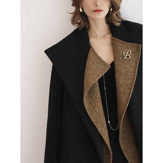 COCOBELLA设计感假两件大翻领毛呢外套女新款黑色大衣WL0002 商品图1