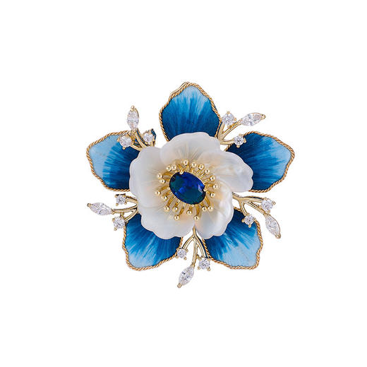 LY 484国风复古蓝绒花贝壳山茶花胸针高级感优雅气质胸花 商品图2