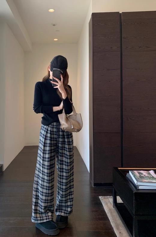 二店y 【3250】露思格纹裤~ 加绒加厚高腰宽松直筒阔腿 商品图5