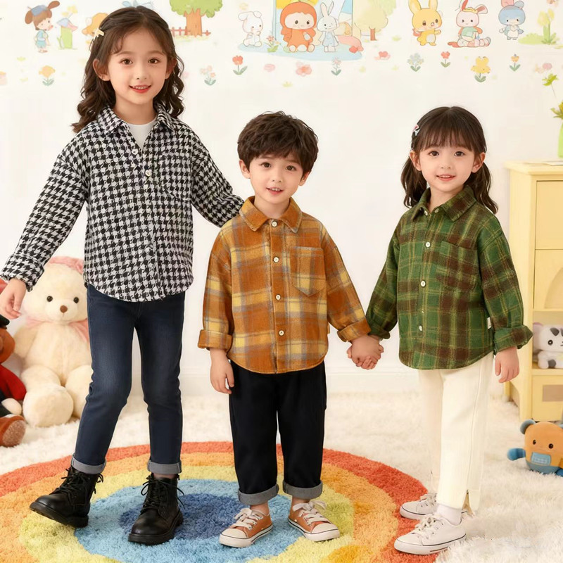 【秒杀】乐仔梦儿童休闲格子衬衣男童女童洋气宝宝上衣长袖小童大童衬衫80-150