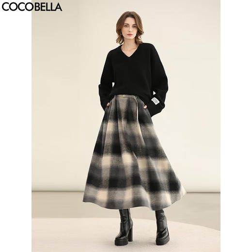 COCOBELLA英伦风格纹毛呢半身裙女秋冬气质A字大摆长裙HS3096 商品图0