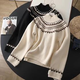 D121627北欧风费尔岛提花高领插肩袖宽松加厚针织毛衣女