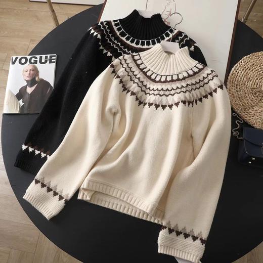 D121627北欧风费尔岛提花高领插肩袖宽松加厚针织毛衣女 商品图0