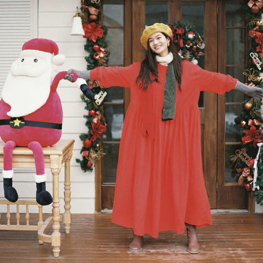 绽放846朵/暖红加厚亚麻裙·纯亚麻亮红压褶叠穿圆领长袖连衣裙女 商品图3