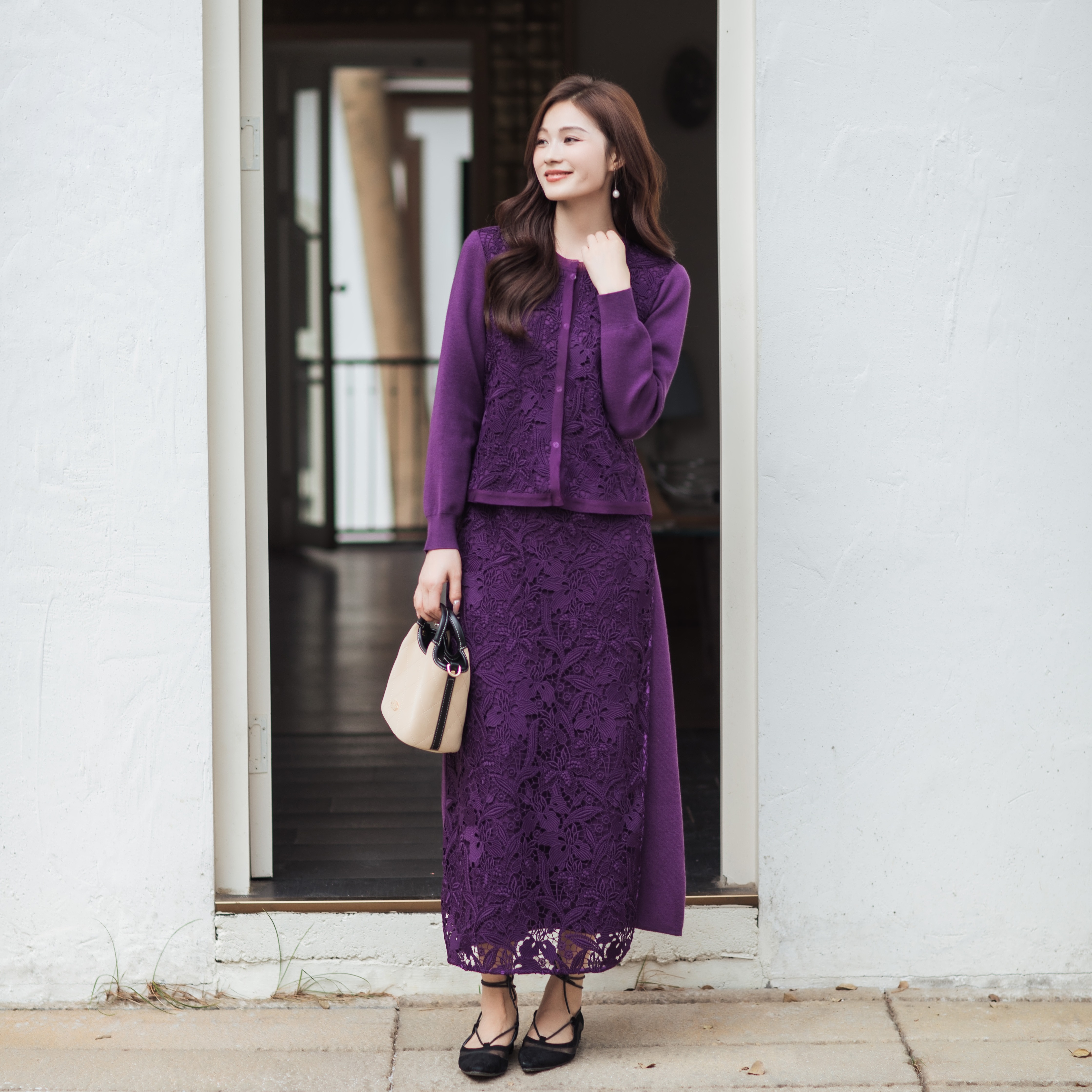 【林栖设计小店】（预售12月28日发货）立体绣花紫毛织外套镂空套装复古优雅2026早春新款长袖上衣女T1961308+半裙T1961309