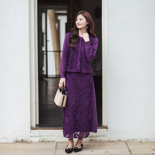 【林栖设计小店】（现货）立体绣花紫色毛织外套镂空套装复古优雅2026早春新款长袖上衣女T1961308+半裙T1961309 商品图0