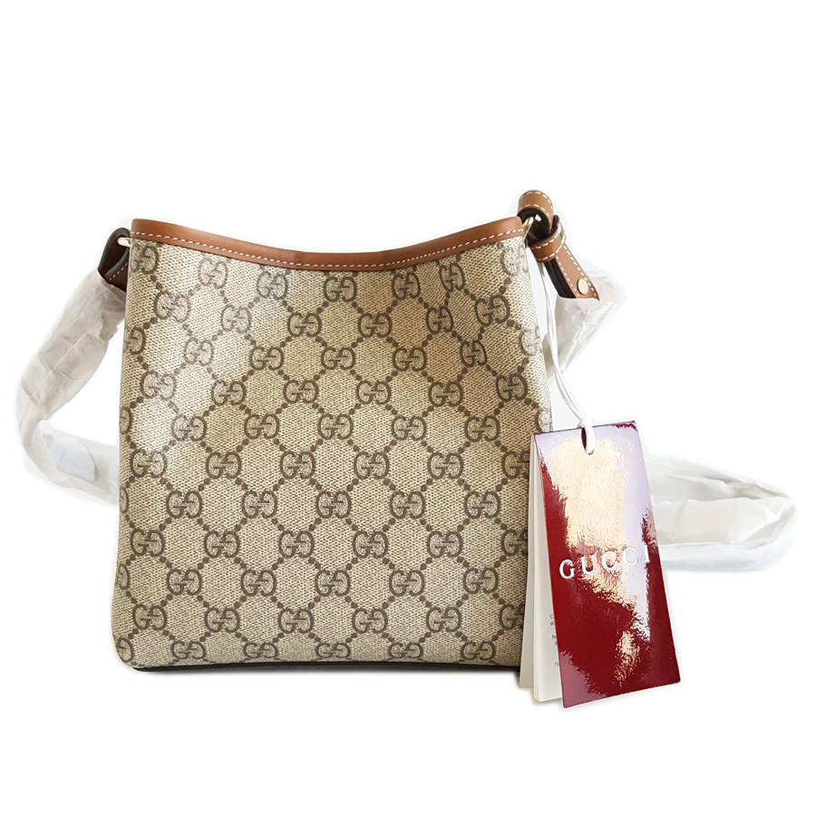 【全新】GUCCI古驰GG Emblem系列815118小号款经典老花纹配棕色皮单肩手提水桶包女士 121225AK17